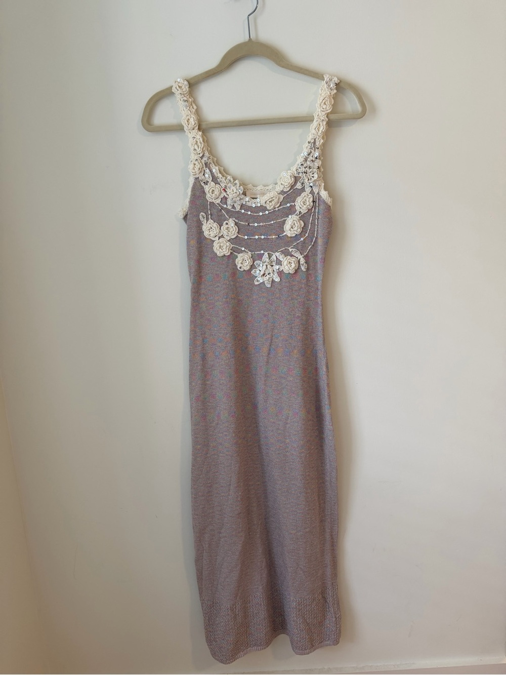 LoveShackFancy Cream Appliqué Midi Dress with Mauve Multitone Knit